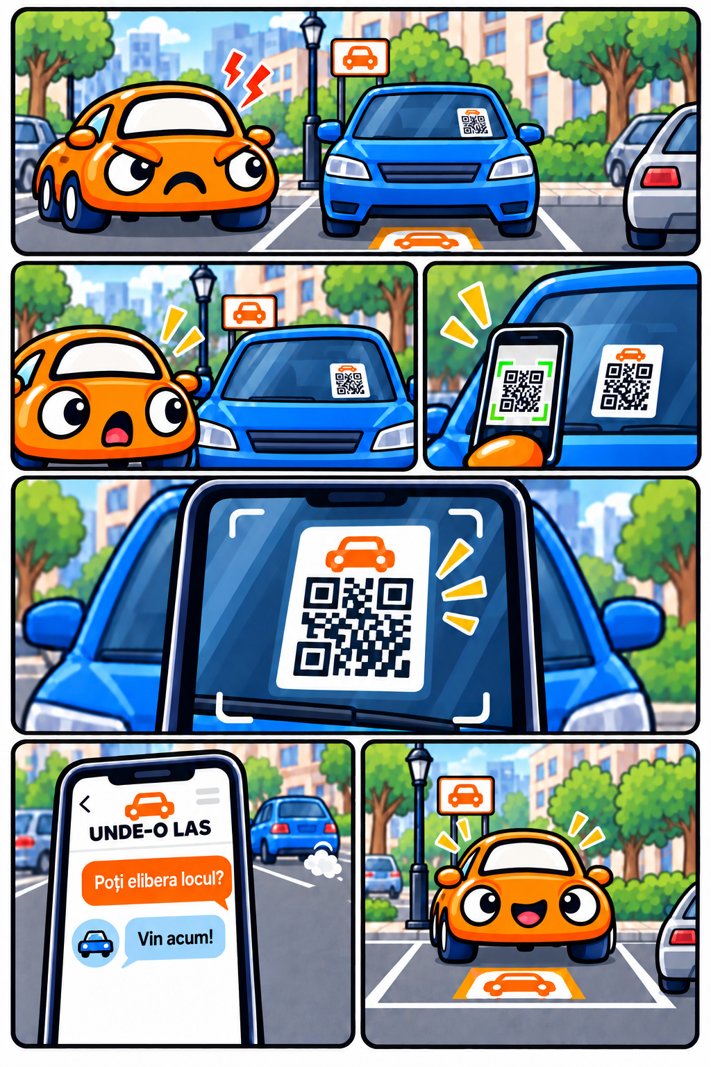 Supărată că locul este ocupat, mașinuța descoperă surprinsă codul QR, trimite un mesaj și își recuperează locul.
